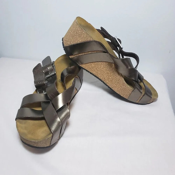 Eric Michael Metallic Brown Leather Platform Wedge Sandals 7.5 Comfort Boho - Picture 11 of 11